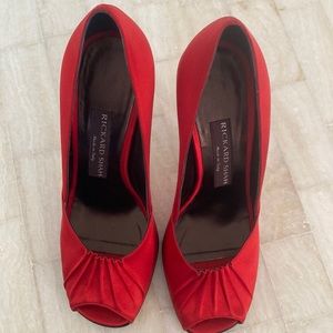 Rickard Shah red satin high heels peep toe pumps, size 38